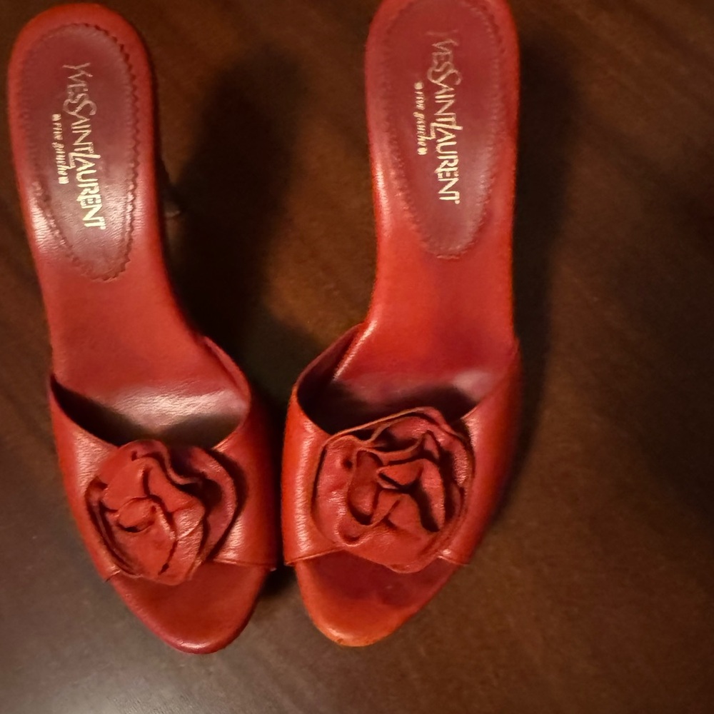 Yves Saint Laurent Red Leather Mules with Floral Accent 2004